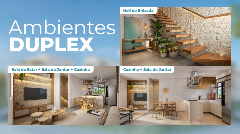 Ambientes duplex — hall, sala e cozinha